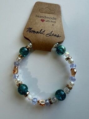 Teal and gold Coastal mermaid Beaded Stretch Bracelet